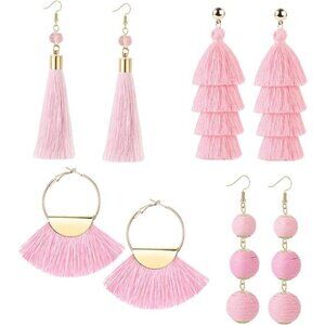 4 Pairs Pink Tassel Earrings For Women Fan Shape Tassel Earrings Long